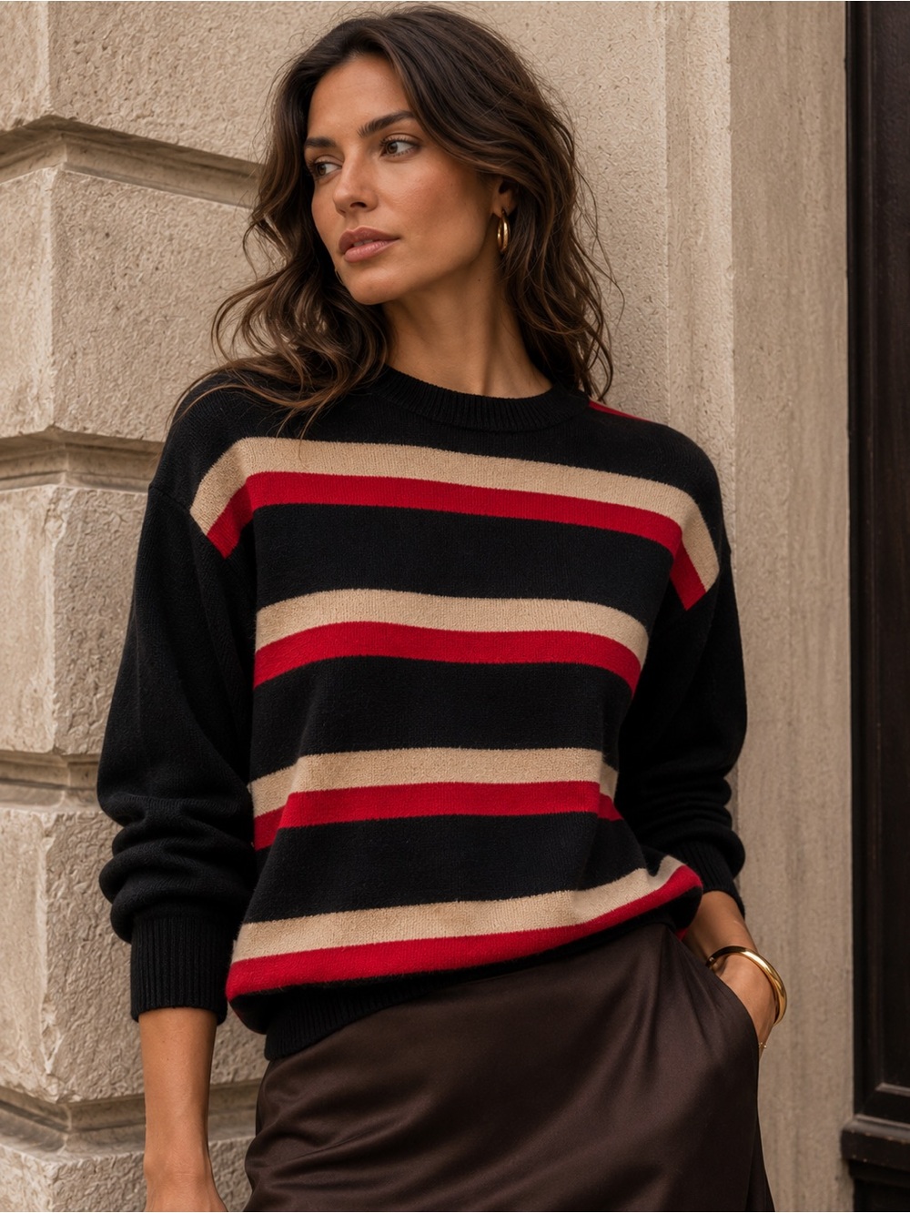 Sonia Rykiel Paris Vintage Italian Knit Striped Sweater Black Red Tan